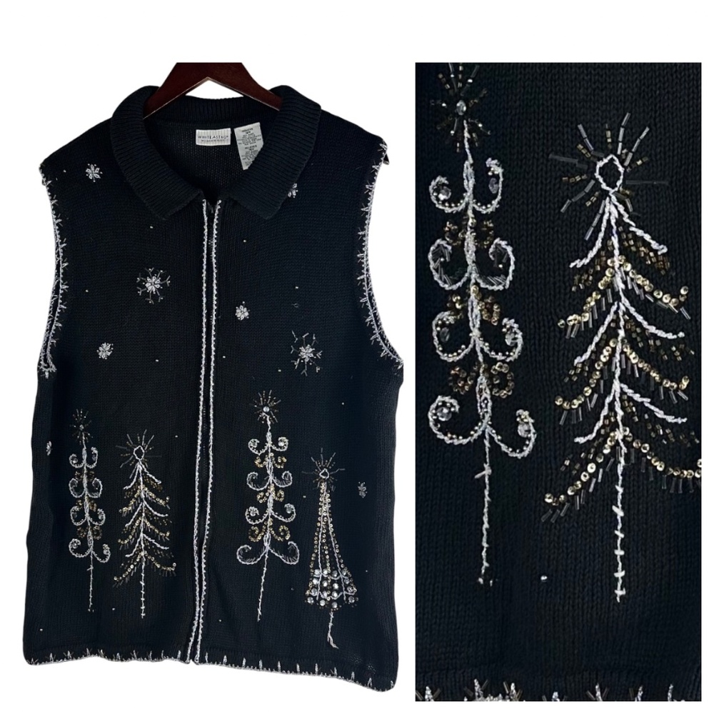 White Stag Christmas Sweater Vest Sz 16W XL 1X Black Silver Beaded Holiday
